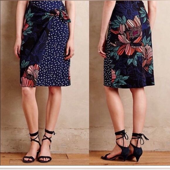 Anthropologie Dresses & Skirts - MAEVE Anthropologie Faux Wrap Pencil Skirt Navy Floral 6